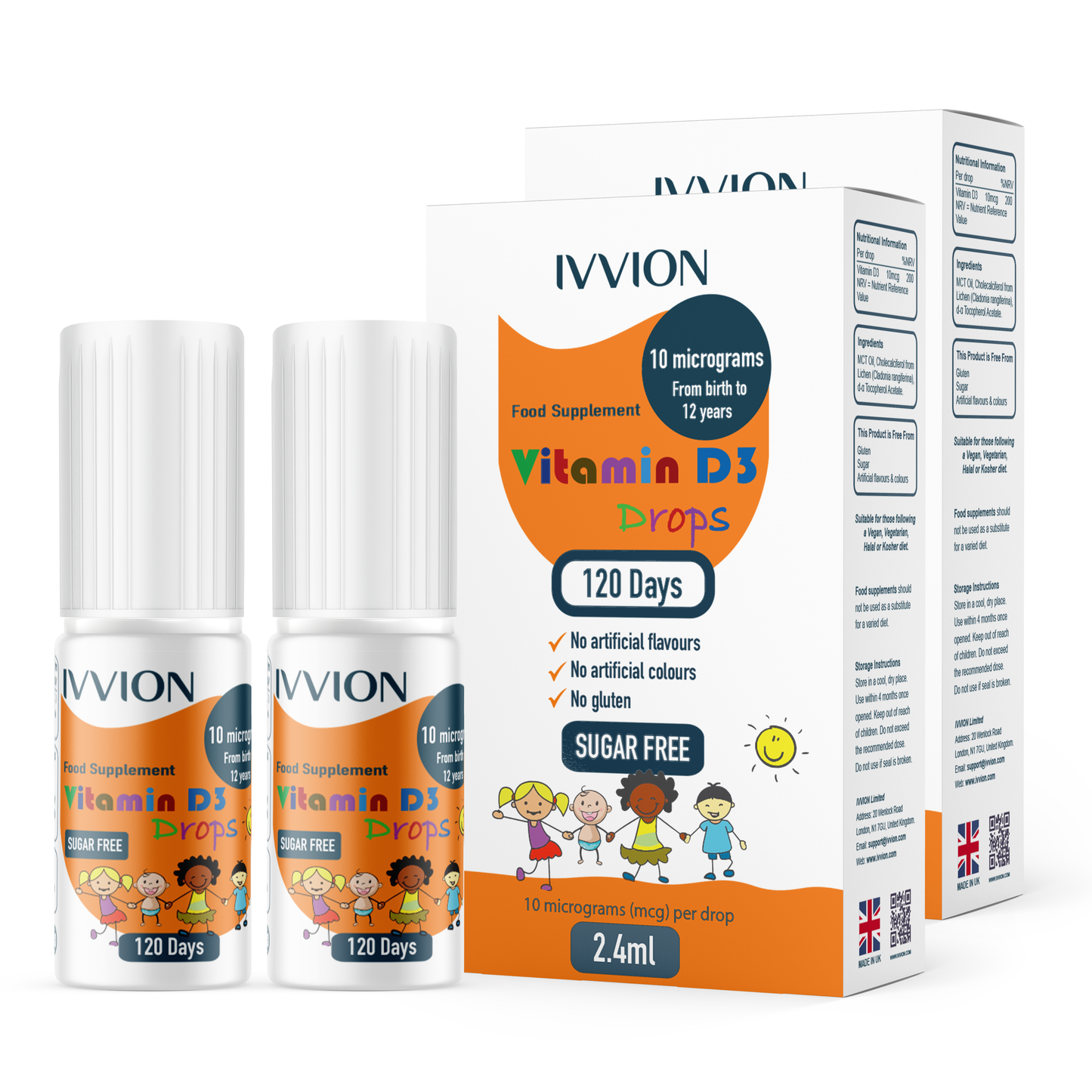 Preservative-Free Vegan Vitamin D3 Drops for Infants & Children - Sugar-Free, All-Natural, NHS Approved (4-Month Supply, 2-Pack)
